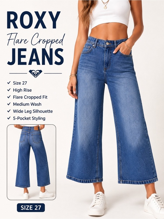 Roxy Denim - Roxy Flare Cropped Wide Leg Jeans Size 27 Medium Wash High Rise Denim